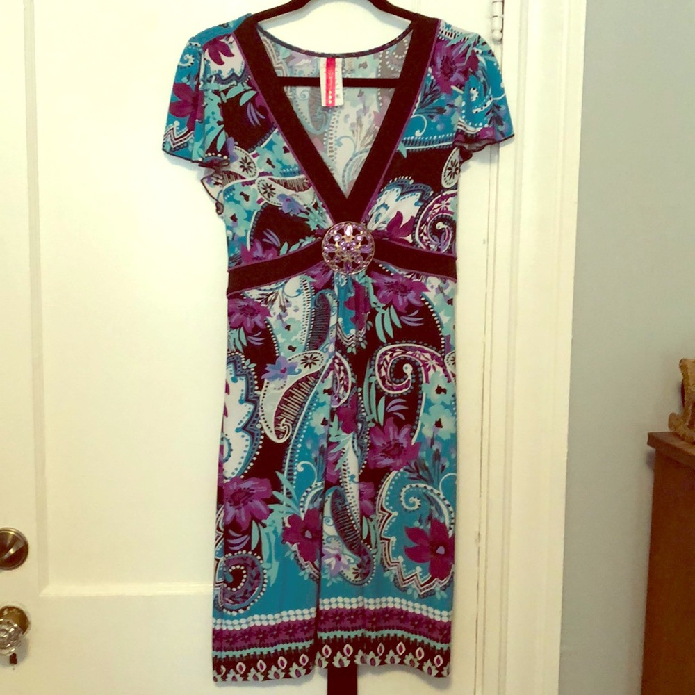 Blue Purple Black Dress with front purple broach - Picture 1 of 4